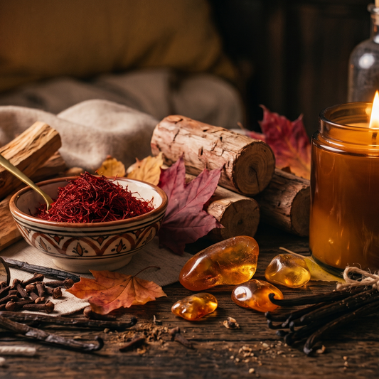 A styled rustic autumnal tabletop scene with a lit amber glass jar candle, logs, autumn leaves, a bowl of saffron, amber stones, vanilla pods, and glass bottles on a rustic wooden surface.