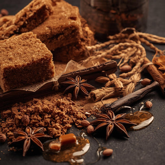 AI image of ingredients of Baked Gingerbread candle including pieces of ginger cake, star anise, cinnamon, maple syrup.