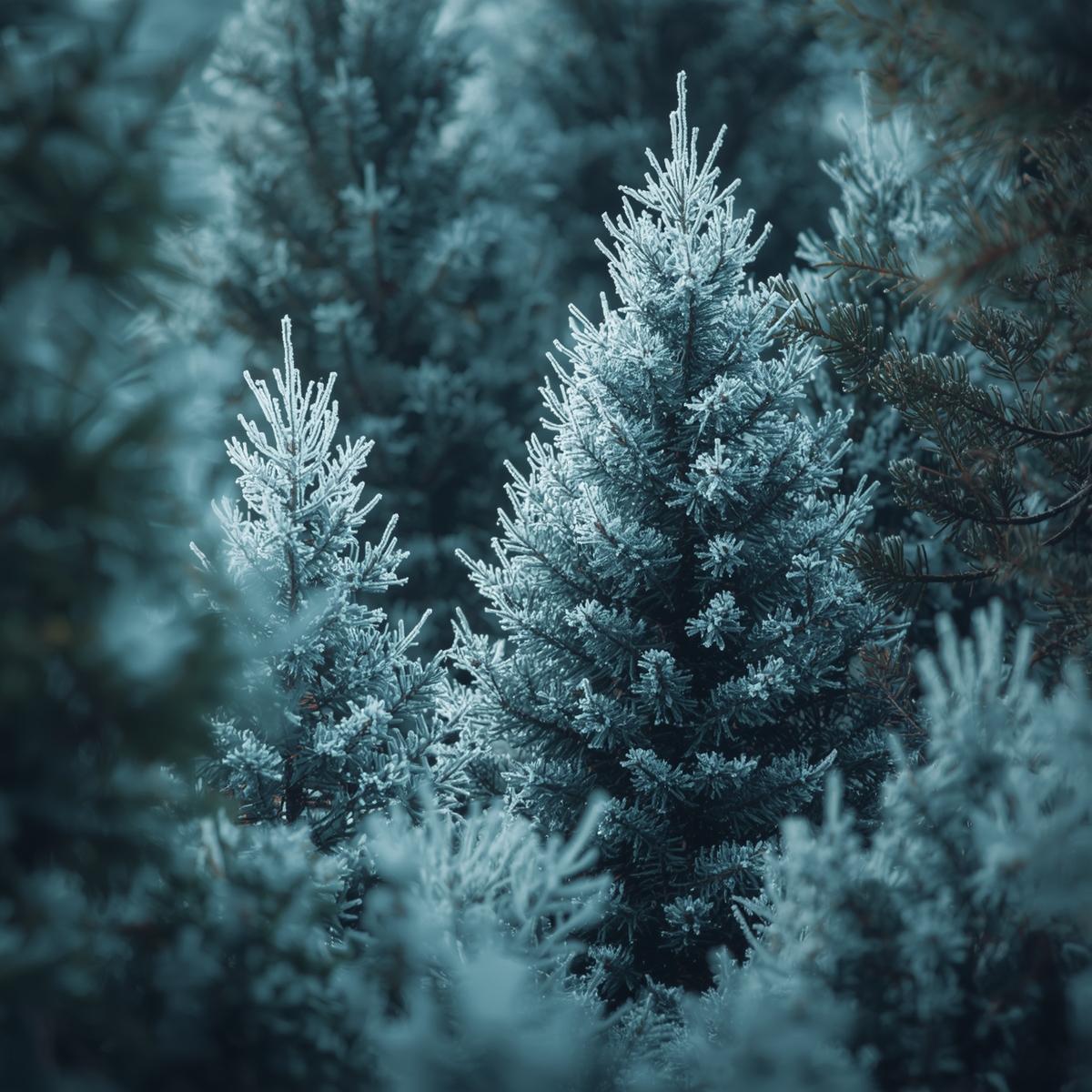 AI image of fir tree forest blurred around the edge with sharp focus on one tall fir tree covered in snow.