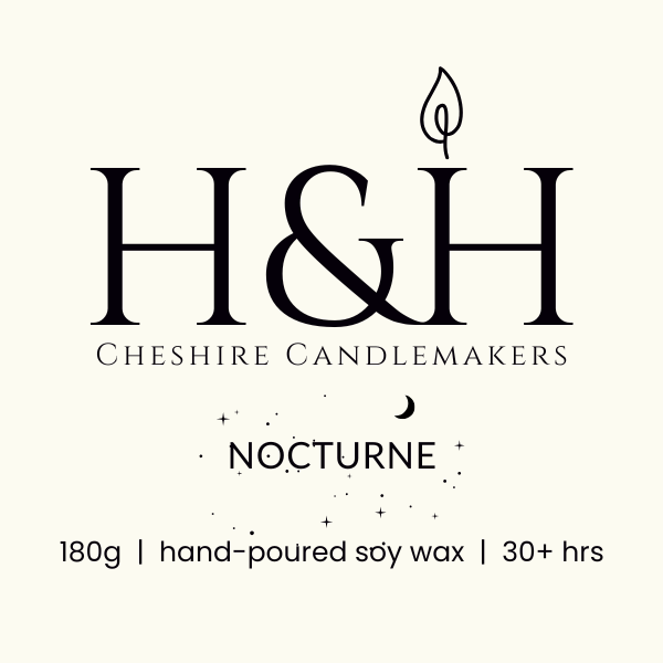 Cream label image with black text of H&H Cheshire Candlemakers logo with flame icon, Nocturne name with tiny black crescent moon and stars. Text reads 180g | hand-poured soy wax | 30hrs +