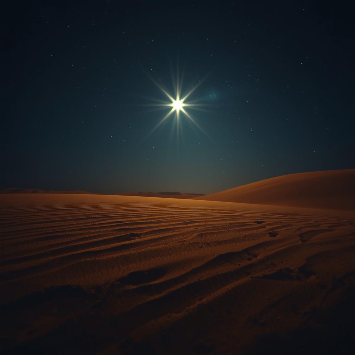 AI Image of the Star of Bethlehem in the centre of a dark night sky over the desert dunes.
