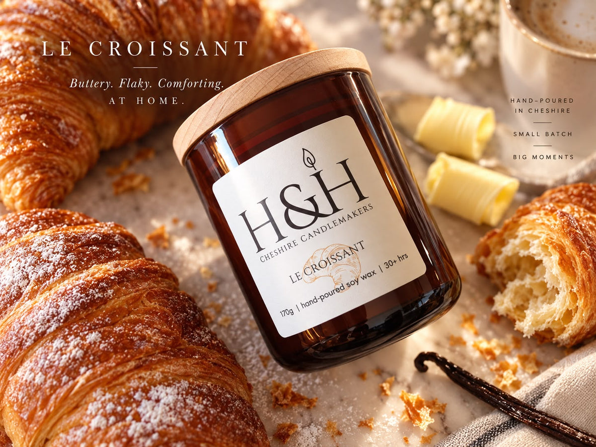  Le Croissant hand-poured candle by H&H Cheshire Candlemakers, back in stock for autumn in amber jar; buttery, vanilla and a sprinkle of icing sugar to sweetness the flaky pastry