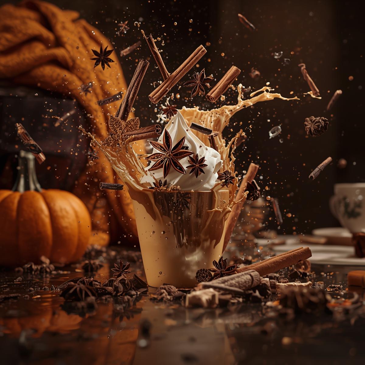 A rich, warm beverage in a clear cup, captured mid-splash with cinnamon sticks, star anise, and whipped cream against an autumnal background with a pumpkin and cozy knit fabric.