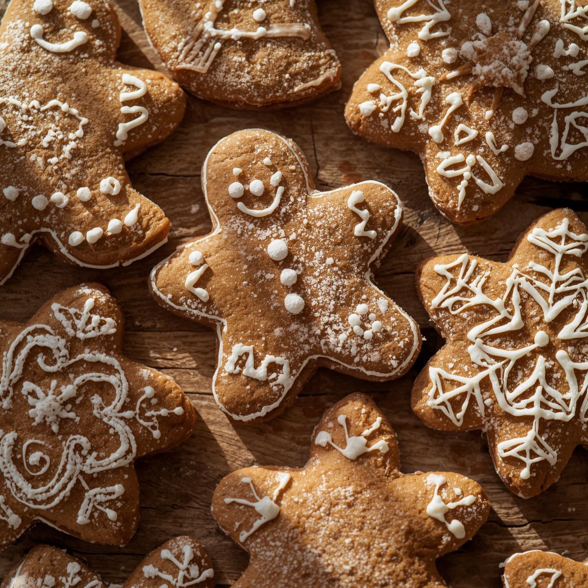 AI image of baked gingerbread men and stars with white icing decoration on a wooden surface. 