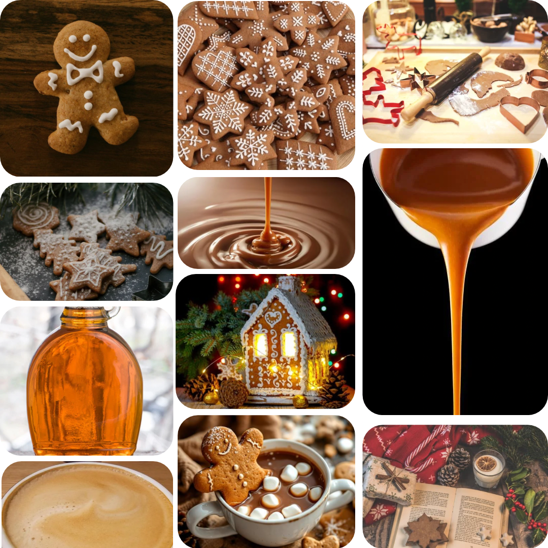 Moodboard collage for Baked Gingerbread candle incl 11 images such as gingerbread man, gingerbread iced cookies, pouring caramel, cosy kitchen baking , maple syrup bottle, a lit up gingerbread house and vignette with book, gift ,candle and festive foliage.
