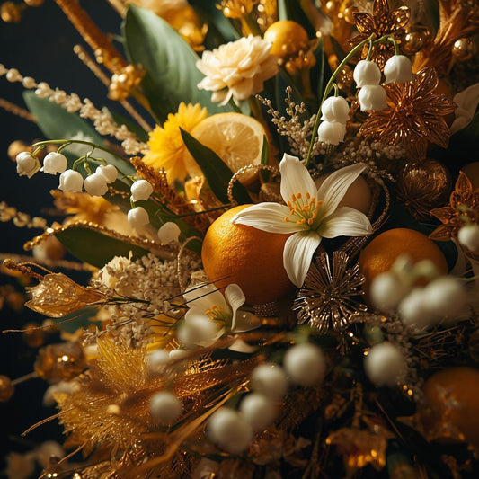 AI image of floral ingredients in Nativity a close of Frankincense flower, orange, lily of the valley, and gold details entwined in the floral bouquet.