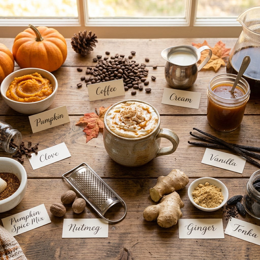 A cosy autumn coffee setup on a rustic wooden table, featuring a frothy latte topped with caramel drizzle, surrounded by labeled ingredients including pumpkin, coffee, cream, ginger, nutmeg, vanilla, pumpkin spice mix, and cloves. Small pumpkins, a pinecone, and fall leaves enhance the scene near a window.