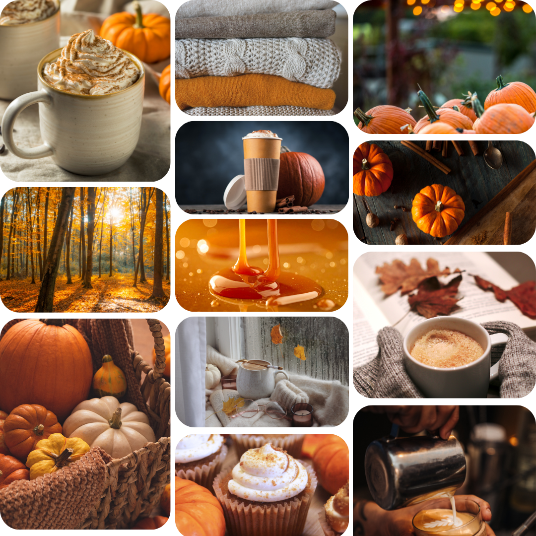 A 3x4 collage of cozy autumn-themed photos including pumpkins, mugs of coffee and latte art, wrapped sweaters, fall leaves, honey dripping into a cup, and cupcakes. The overall color identity is warm autumnal tones with orange, brown, beige, and soft yellow.